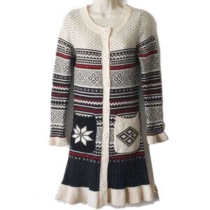 Sundance 35" Long Lambswool Nordic Fair Isle Cardigan XS Black Red Cream